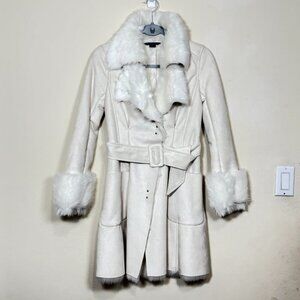 Armani Exchange fur coat White Cream Belted Faux Leather jacket Pea Coat  Sz XS